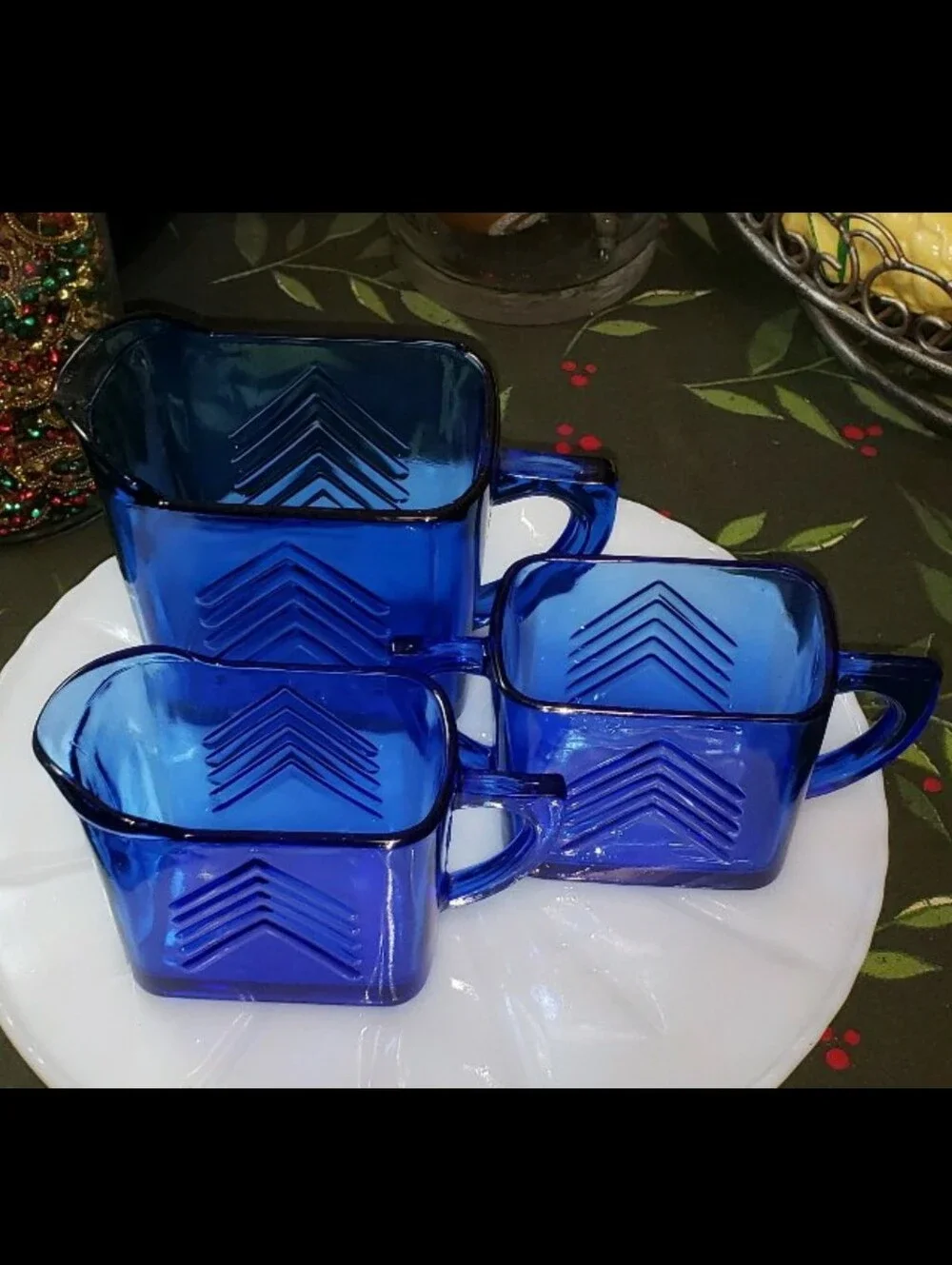 Set Of Three (3) Vintage Hazel Atlas Cobalt Blue Creamer & Sugar Set